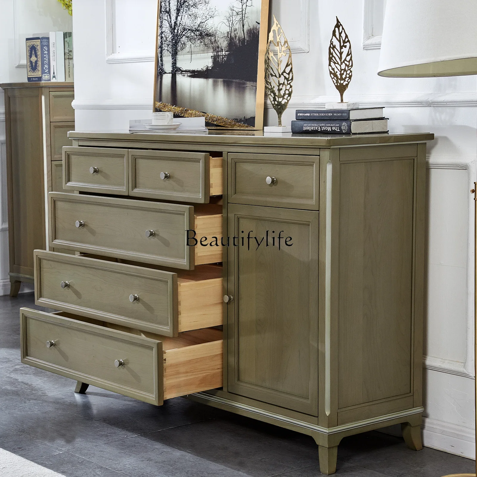 

*American solid wood light luxury storage locker six chest cabinet living room water-based paint