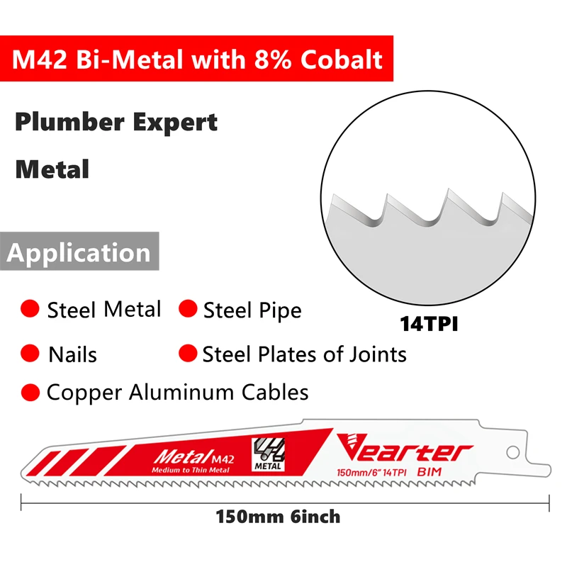 Vearter-Lâmina de serra alternativa, Bi-Metal, Cobalto Sawzall, Sabre, Lâminas para Metal, Aço Inoxidável, Corte, 6in, 14TPI, 2PCs