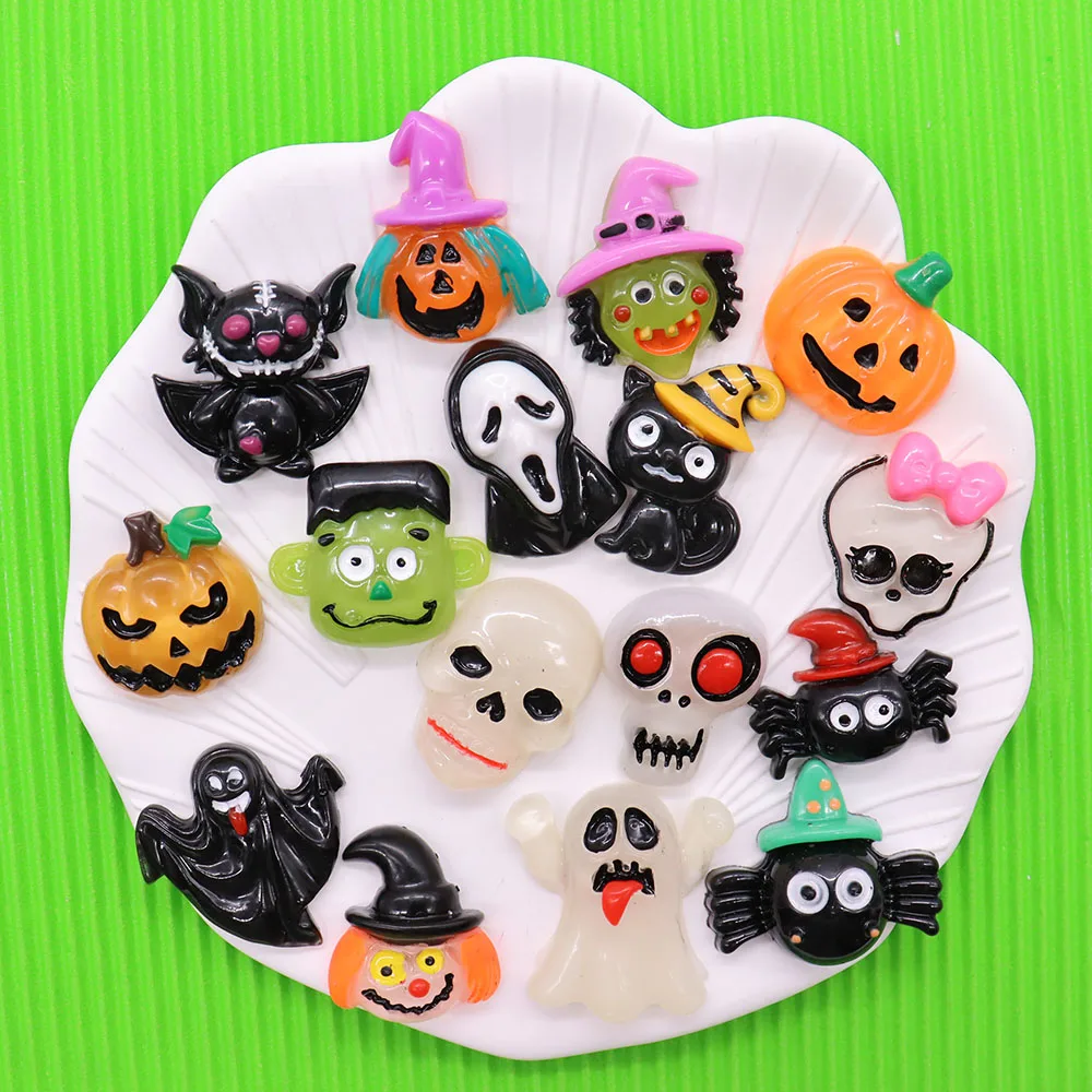 Charms de resina para crianças, ornamento, presente de Halloween para crianças, acessórios de bricolage, fantasma, aranha, gato, abóbora, morcego, 1pc