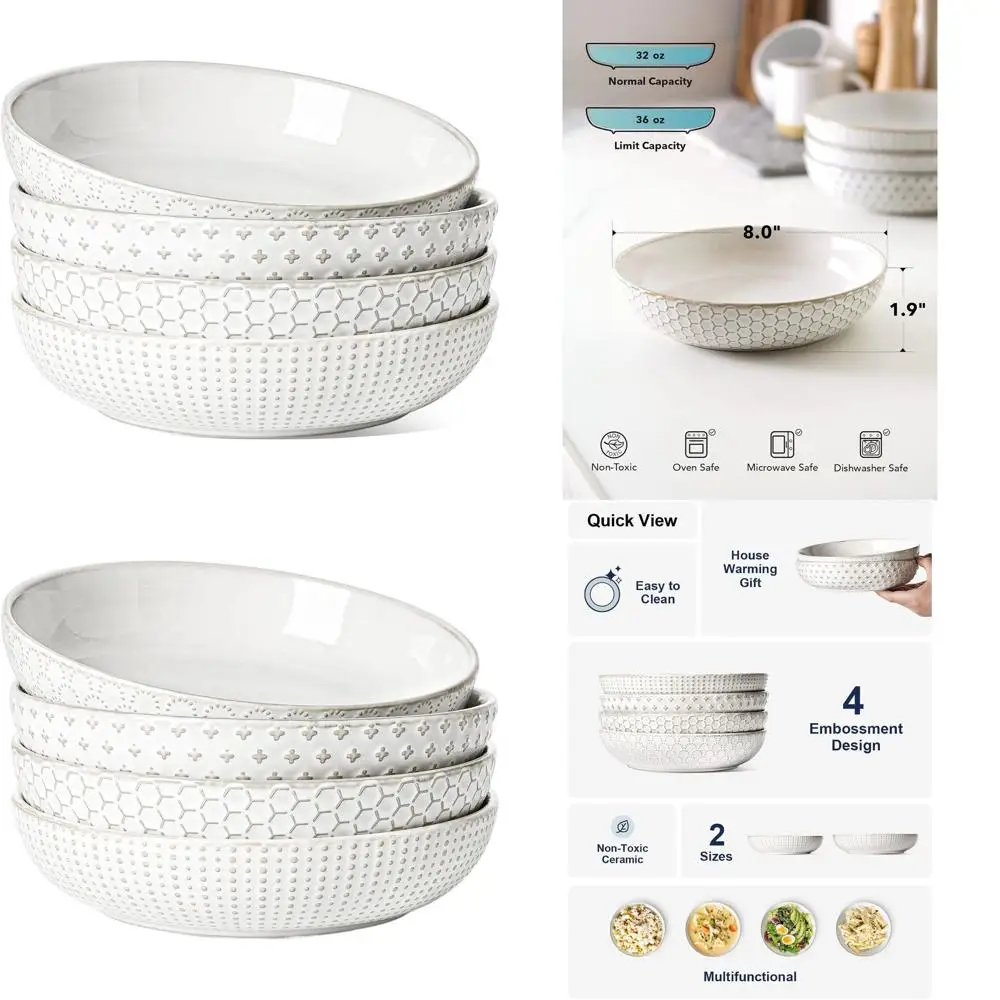 

8 Inch Ceramic Pasta Bowl Set of 4, Arctic White, Ideal for Pasta, Salad, Fruits, and Noodles