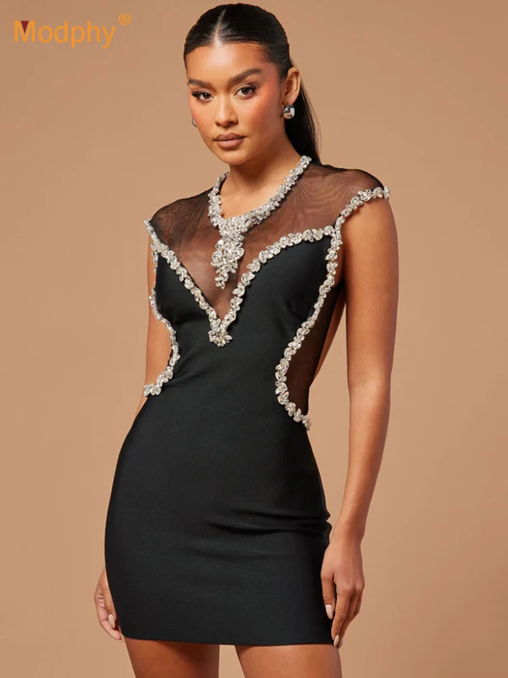 

Modphy 2024 Women's Sexy Backless Luxurious Diamond Decorative Mesh Design Bodycon Long Celebrity Party Bandage Mini Dress