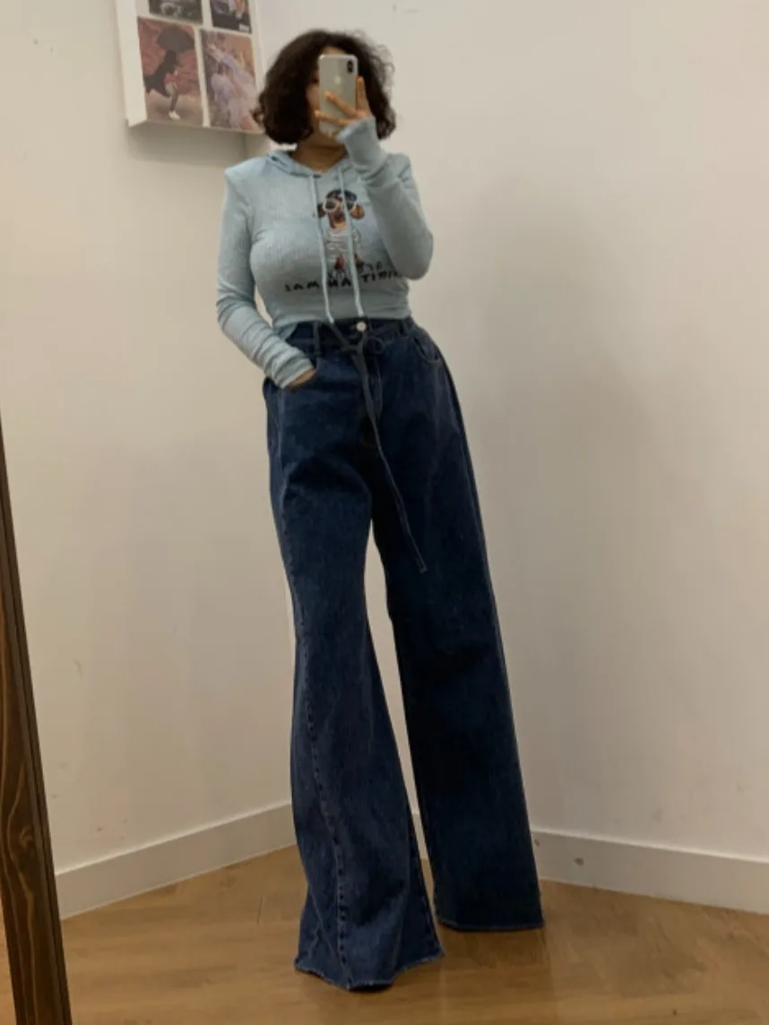Afslankende denim jeans met hoge taille en wijde pijpen Dames Faion Lente Herfst Gevouwen Chique Self-Kee Lange broek Street Sle