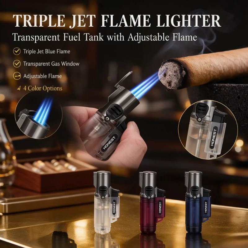 Portable HonestTriple Flame Butane Cigar Lighter,Powerful Blue Flame,Visible Gas Compartment, Reliable Outdoor Smoking Accessory