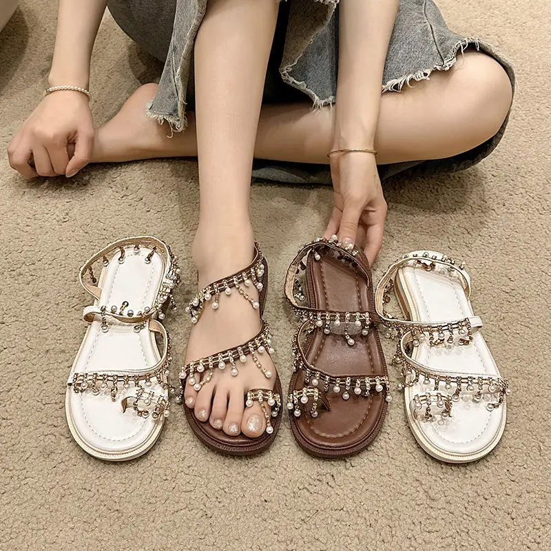 

Hot Seller Diamond Roman Sandals for Women 2025 New Bohemian Style Claw Toe Diamond Set Beach Vacation Tourism Women's Shoes