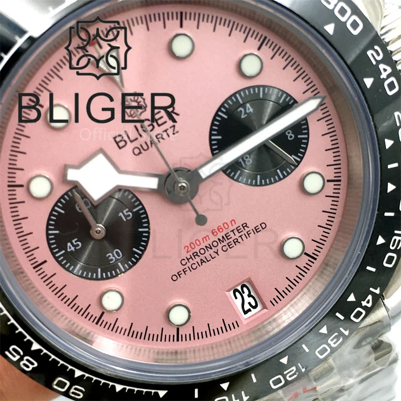 BLIGER 39mm VK64 Moon Quartz Chronograph Watch For Men Sapphire Glass Black Pink Dial With 5 Hands Green Luminous 6 O\'clock Date