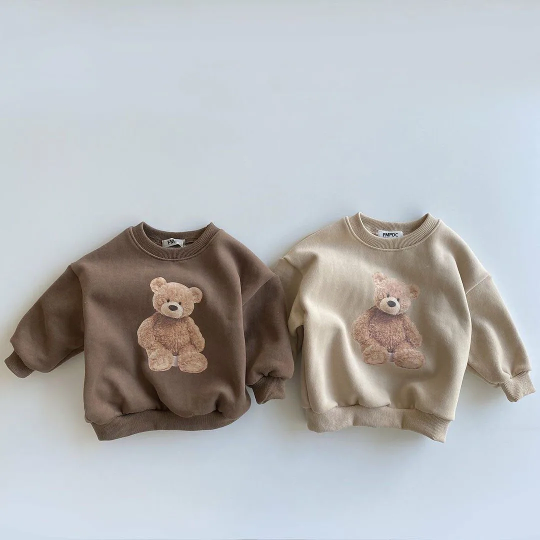 Baby Hoodies Cartoon Bear Tops Spring 2024 Korean Head Cute Embroidered Boys Sweatershirt Round Neck Girls Pullover Clothes