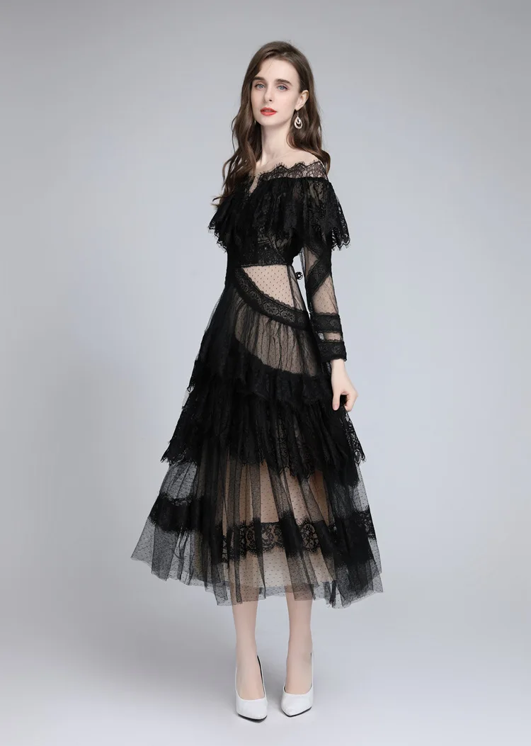 Women's Dresses Slash Neckline Long Sleeves Lace Patchwork Elegant Designer Vestidos Prom S-4XL