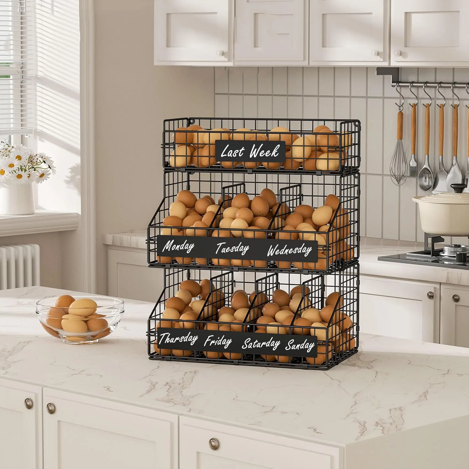 Three-layer stackable line storage basket with divider and label detachable eggs for collecting fresh egg baskets