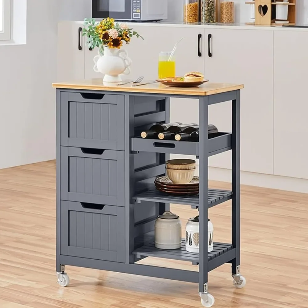 

Kitchen Island Cart on Wheels with Storage, Rolling Bar Cart with Solid Wood Top & 3 Drawers, 3 Removable Shelves, Serving Carts