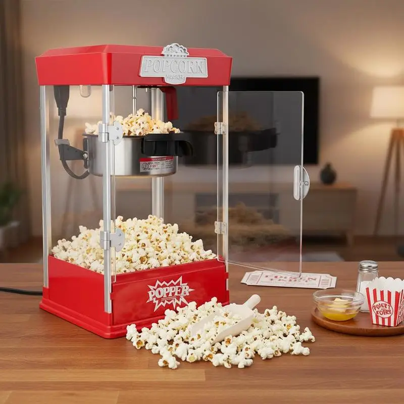 Machine à popcorn, 480W, distributeur de popcorn, bouilloire de 4oz (capacité de 1,5 gallon par charge), machine à popcorn de table avec 3 cuillères, machine à popcorn rouge style cinéma pour café