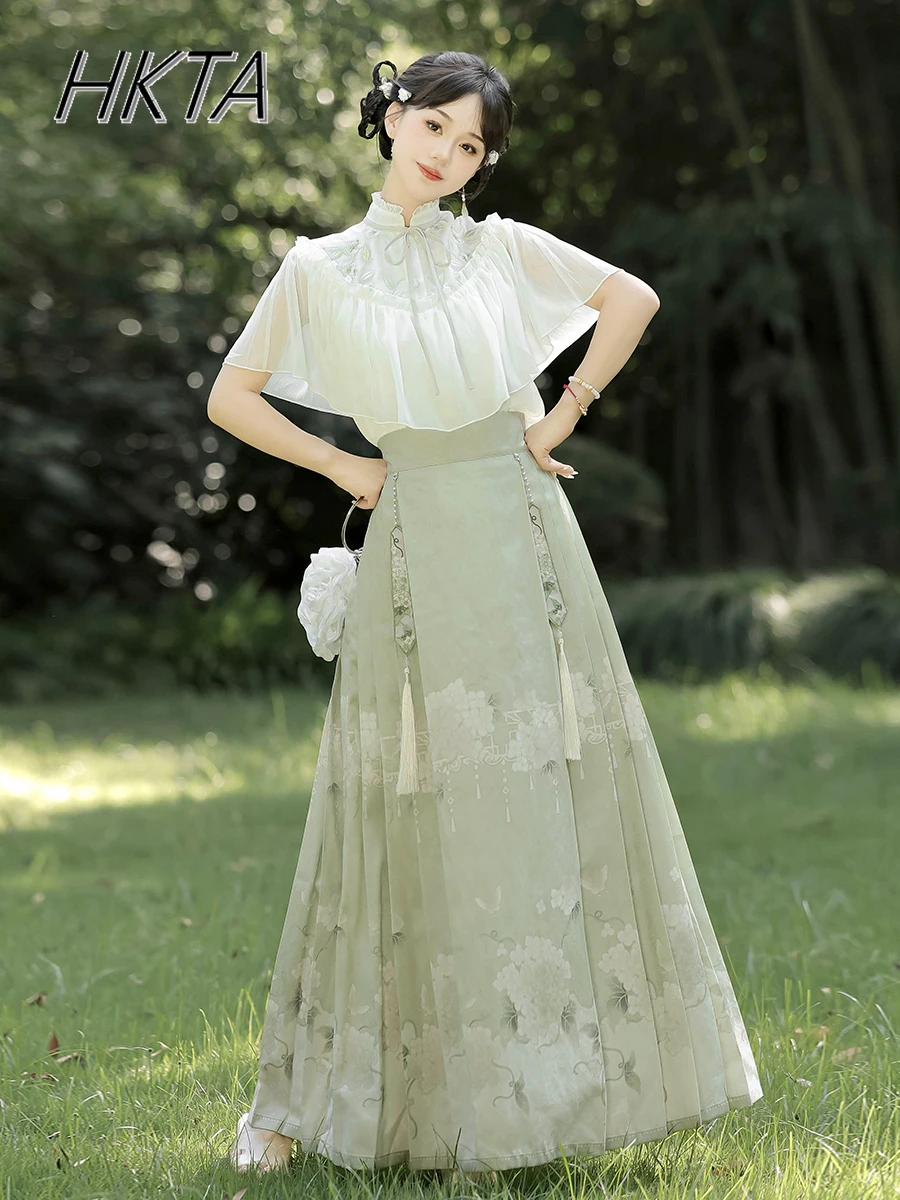 

Chinese Style Hanfu Two Pieces Sets Women Lolita Elegant Lace Turtleneck Chiffon Shirt Top Female Summer Sweet Print Long Skirts