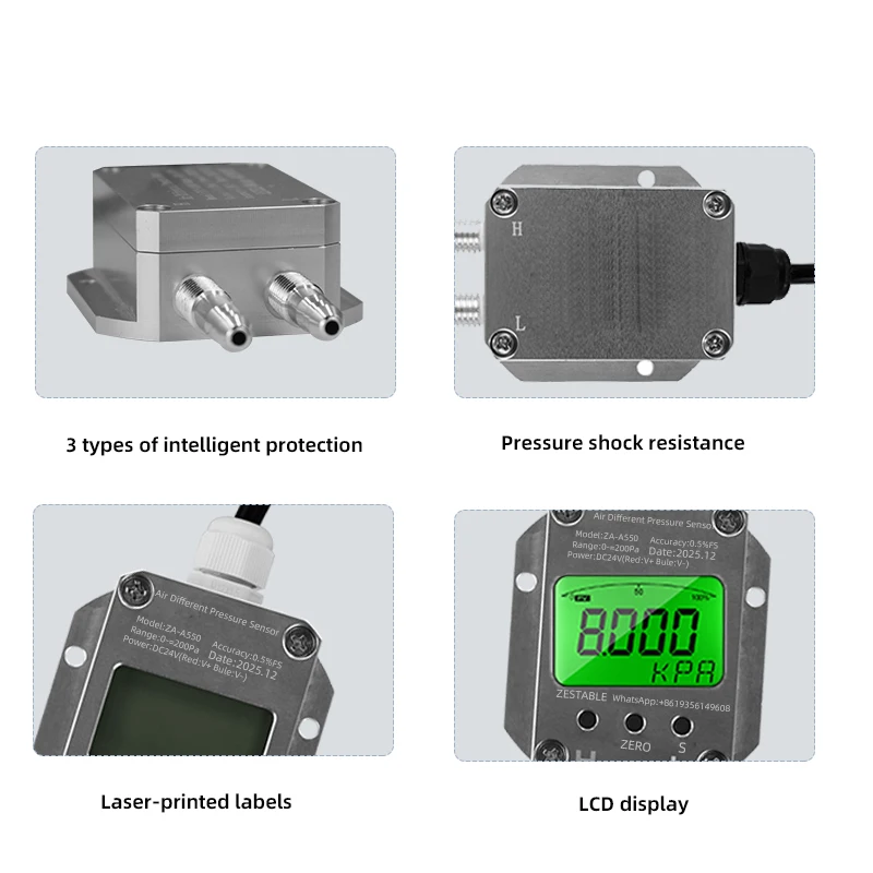 Air Gas Wind Pressure Differential Sensor Transmitter 4-20mA 0-10V 0-5V RS485 Differential Pressure Meter