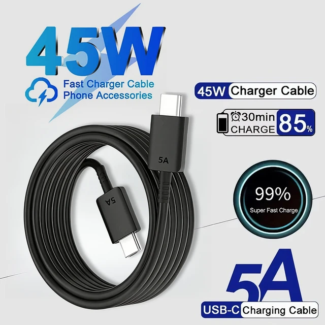 Kabel USB-C do USB-C 5A 45W do szybkiego ładowania Samsung S22 S23 FE S24 S25 S26 Ultra A35 A36 A53 A54 A55, kabel Quick Charge Type C