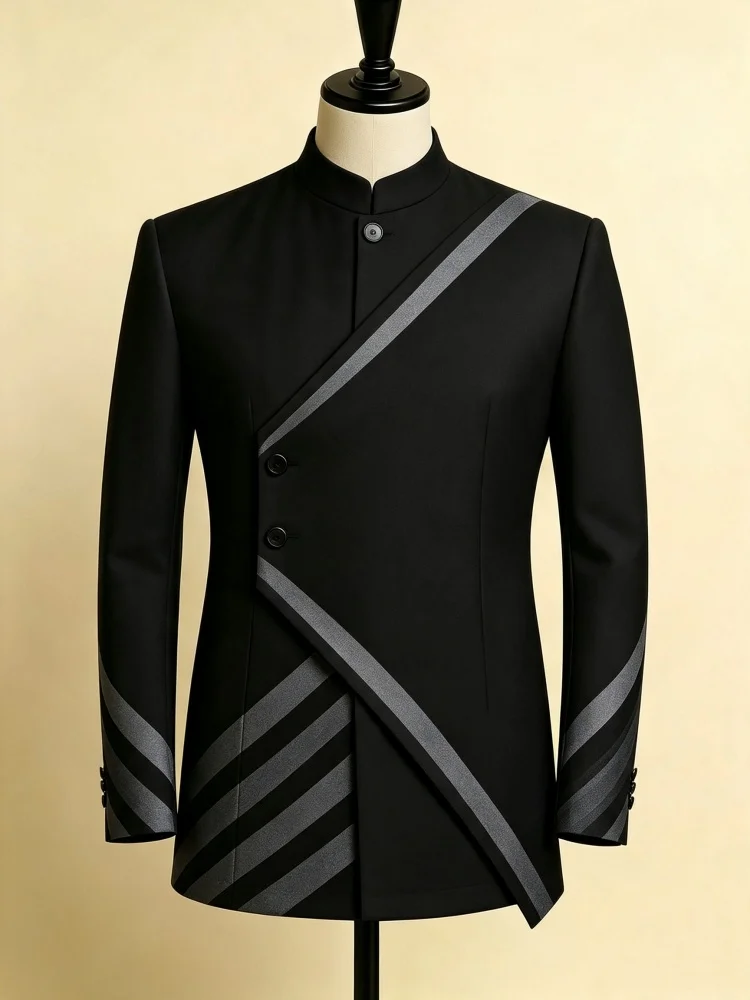 Mens Black Grey Diagonal Stripe Single Jacket Slim Mandarin Collar New Chinese Style Daily Business Outerwear