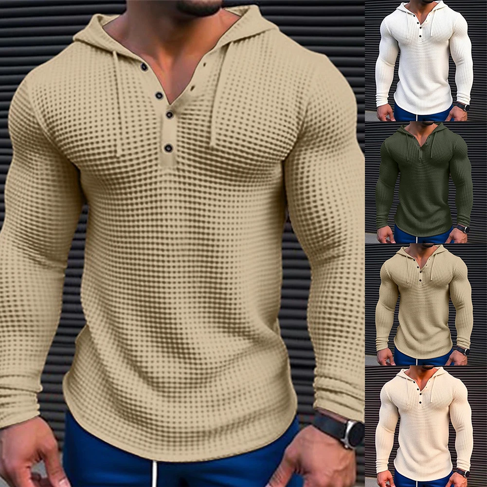 Sudadera con capucha para hombre, jersey de manga larga con botones, Color sólido, ropa de calle masculina, primavera y otoño