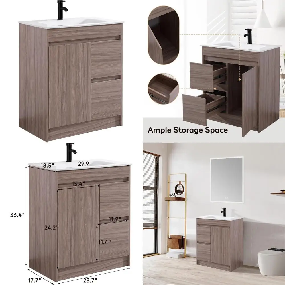 Vaidade de banheiro de 30 polegadas com pia undermount, armário de madeira grossa, portas e gavetas com fechamento suave