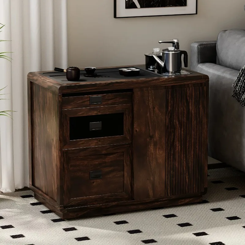 Walnut living room household removable solid wood coffee table,side cabinet kettle integrated cart