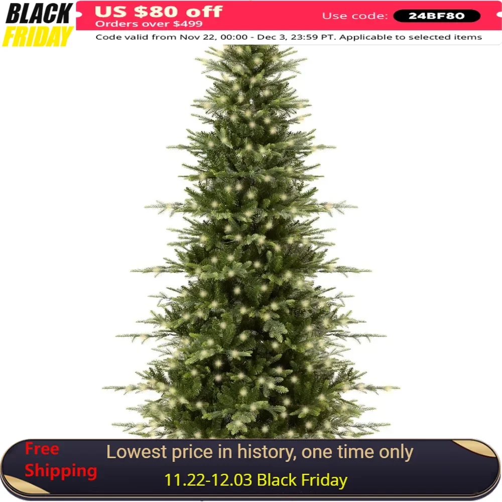 9Ft Pre-Lit Artificial Christmas Tree w/ 3,088 Branch Tips，Multicolor LED Lights，Cordless Connection，Artificial Christmas Tree