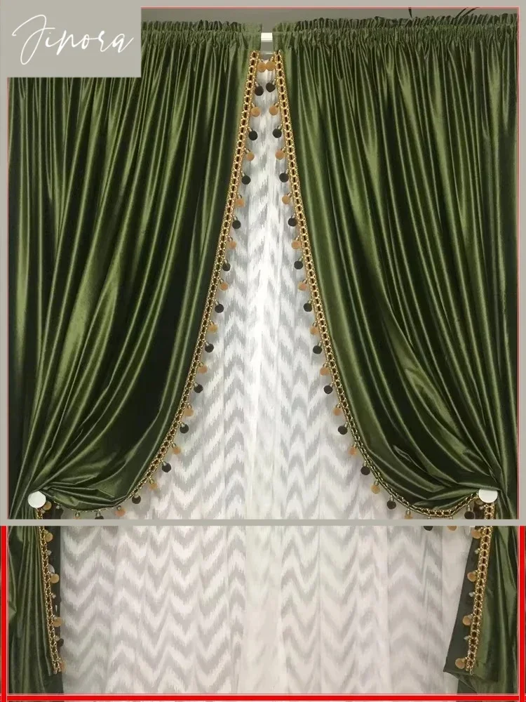 

Retro Olive Green Blackout Velvet Curtain Fabric Solid Color High-end Living Room Bedroom Light Luxury European Style Villa 1pc