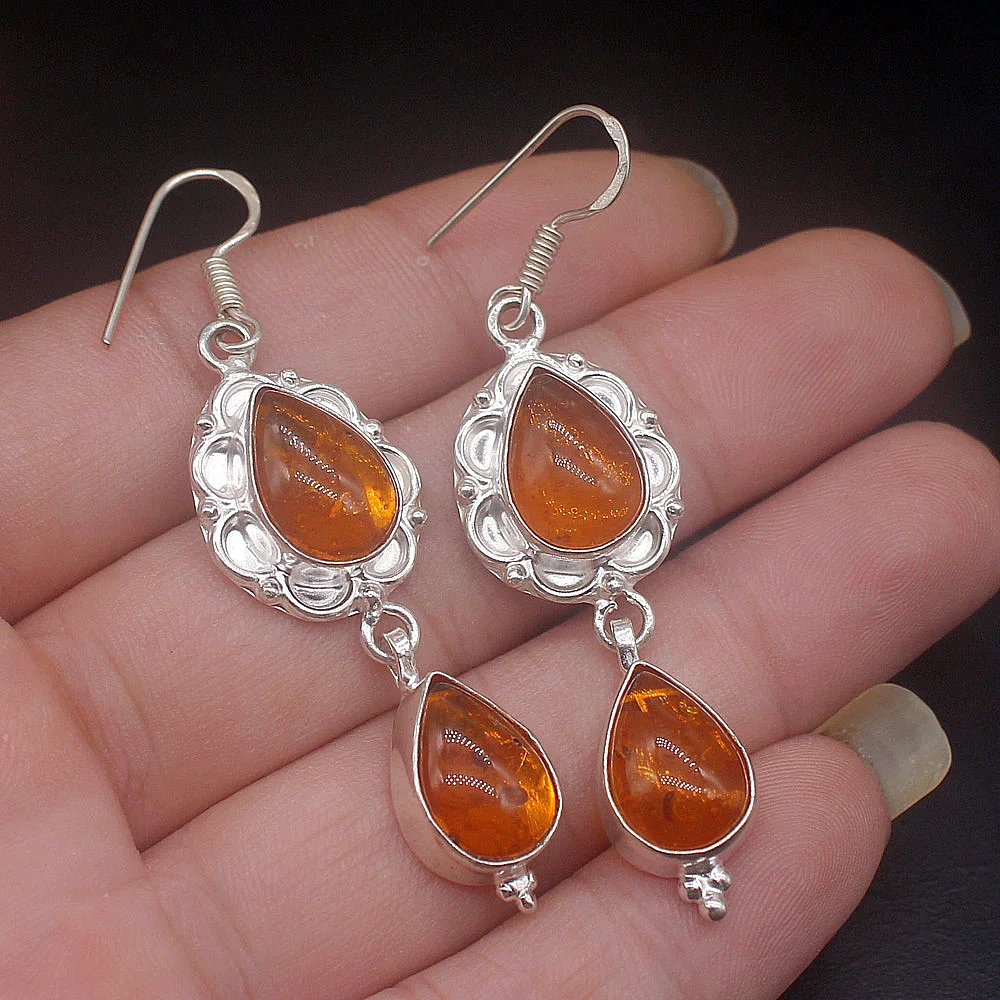 Gemstonefactory Big Promotion Unique 925 Silver Fantasy Orange Amber Women Ladies Jewelry Gifts Dangle Drop Earrings 20215286