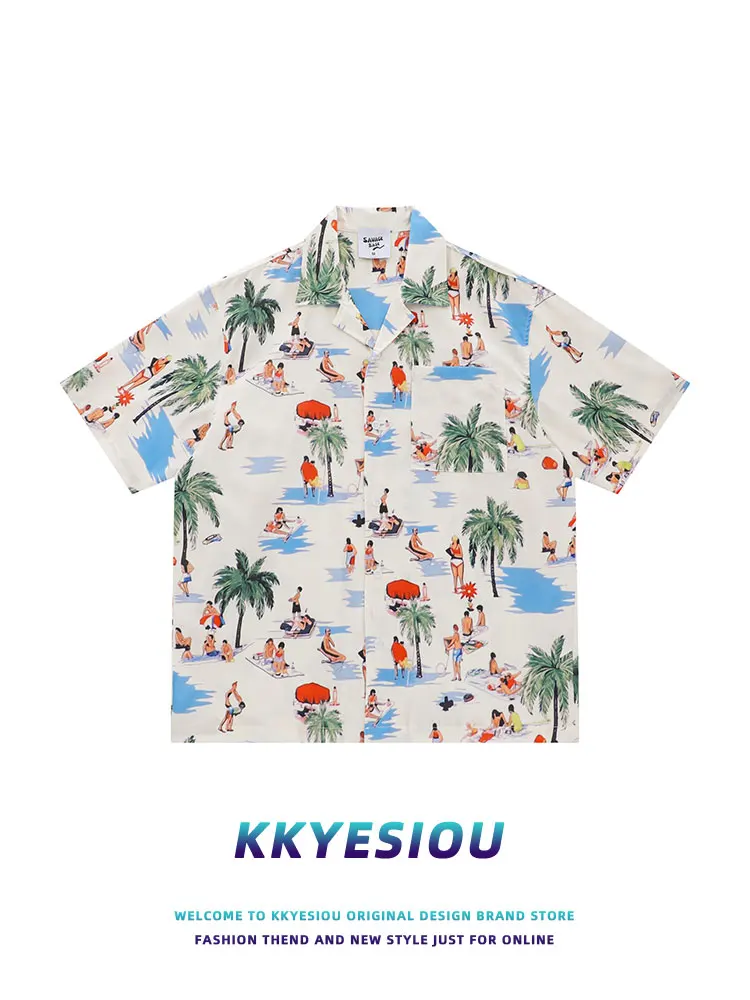

KKyesiou American Retro ort Sve irt Men's Hawaiian Sle Couple Tops Summer Youth Faion Loose Fit Polyester Fiber