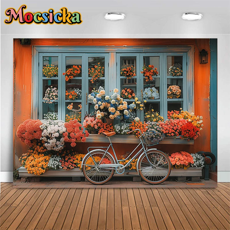 Mocsicka الربيع زهرة خلفية البرتقال الفن جدار دراجة زينة امرأة الزفاف ملابس للحمل التقطت الصور خلفية الاستوديو