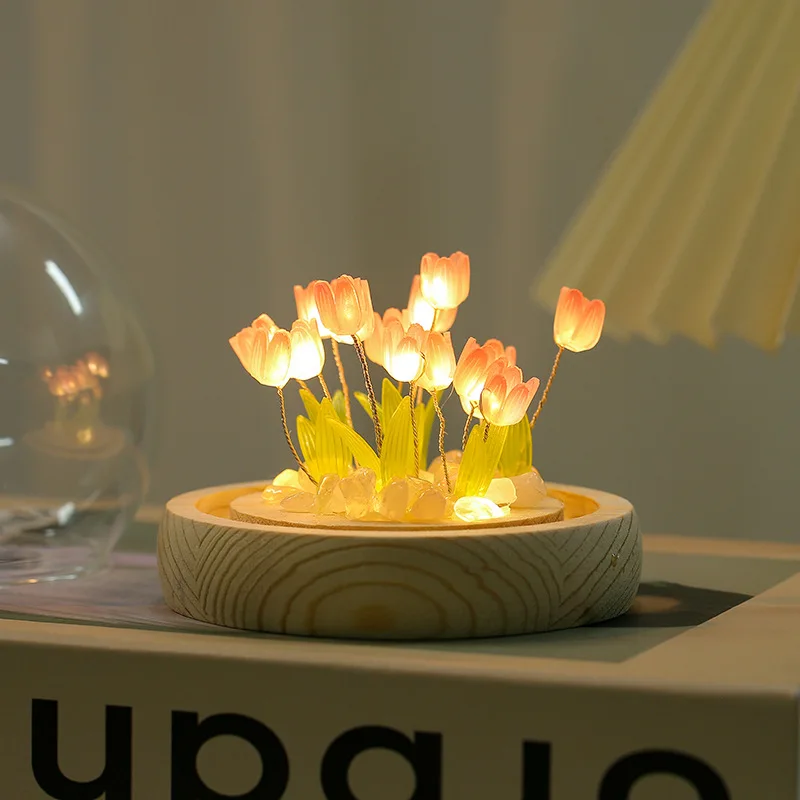 Tulip Flower Night Light com Tampa de Vidro Simulação, Abajur, Desktop Decor Ornamentos, Luz Ambiente, Holiday Gift, 10Pcs