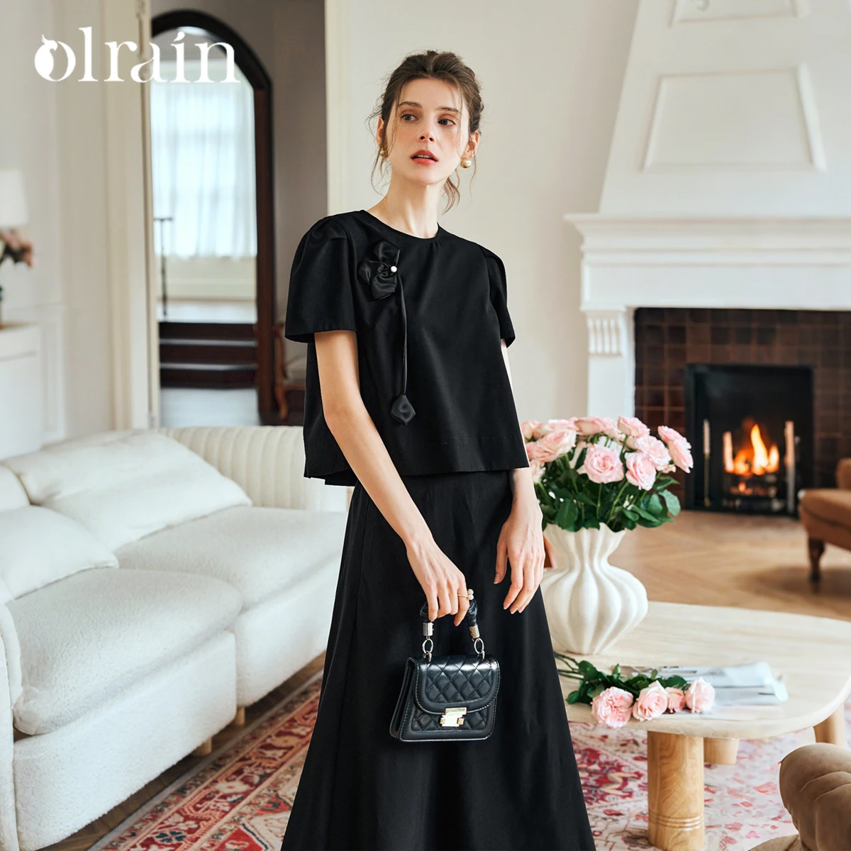 

OLrain Women Summer Black Skirt Sets 2025 Elegant Fashion Outfits Puff Sleeve Tops and Skirts Suit Lady Matching Sets O24XE91955