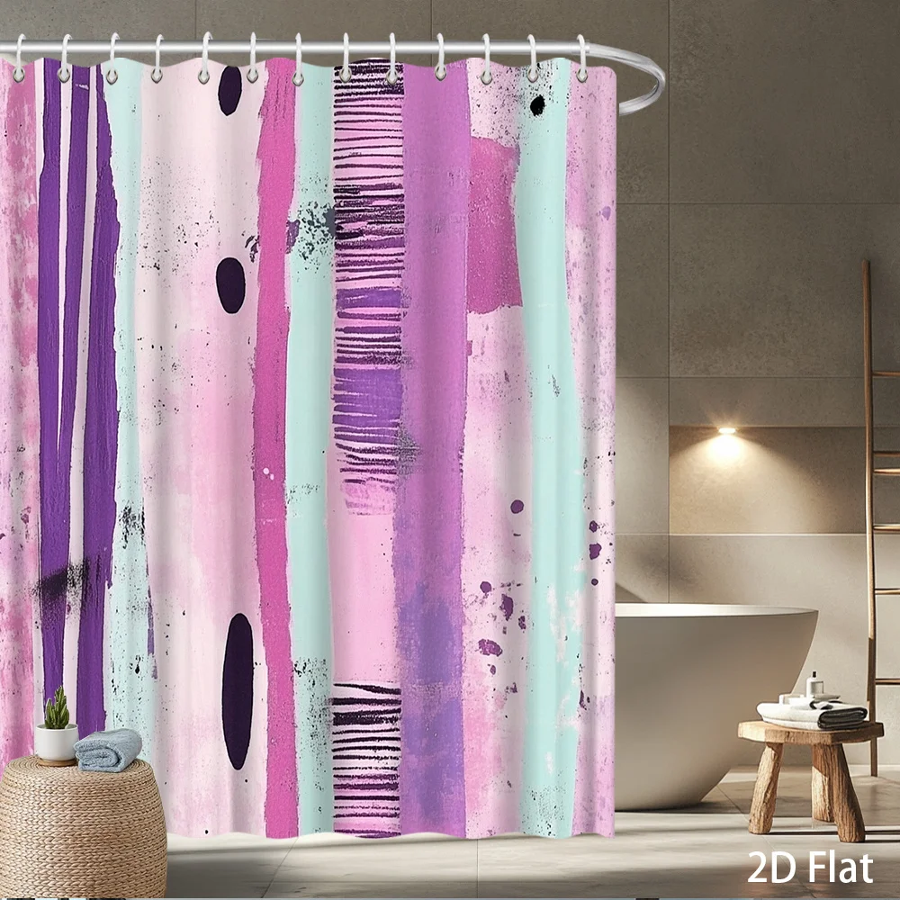 1PC Abstract Brushstroke Shower Curtain – Pink Purple Mint, 2D Flat Print, Polyester Bathroom Decor, 72