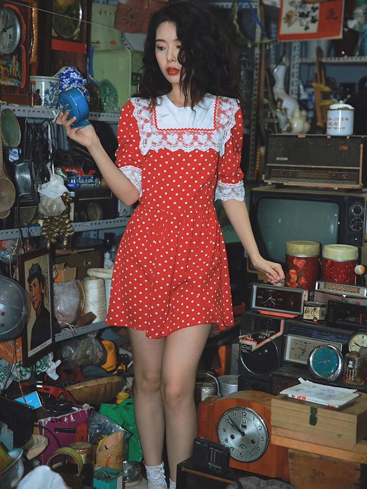 

Original Vintage High Waist Student Dress Polka Dot Short Skirt A-Line Silhouette Commute Style Spring Summer Autumn Women's ...