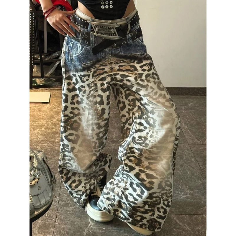 

Женские винтажные мешковатые джинсы с леопардовым принтом, американские ретро широкие джинсовые брюки с высокой талией, уличная одежда, свободные брюки-бойфренды