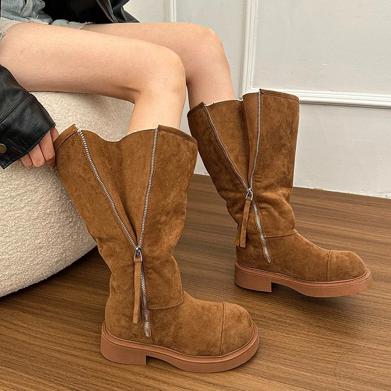 

Side Zip Tall Boots 2025 Winter New Round Toe Suede Plus Wool Warm Non-slip Block Heel Cotton Boots