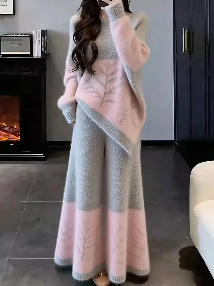 Women Knit 2 Piece Set Leaf Pattern Asymmetric Hem Sweater High Waist Wide Leg Pants Soft Warm Matching Knitted Outfit