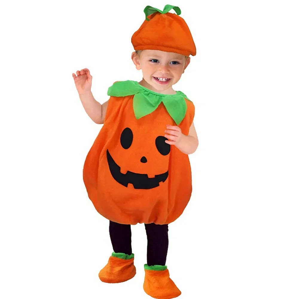 Kostium dyni na Halloween dla dzieci, dla chłopców i dziewczynek, kombinezon do odgrywania ról, topy + kapelusz + torba, zestaw ubrań na karnawał i imprezy.