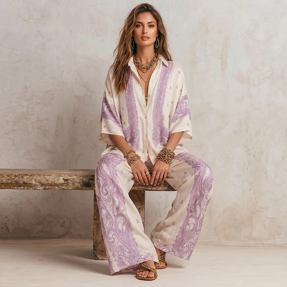 

Women Paisley Printing 2 Piece Pant Set Elegant Lapel Long Sleeve Bawting Sleeve Shirt Top Wide Leg Pants Casual Loose Suit