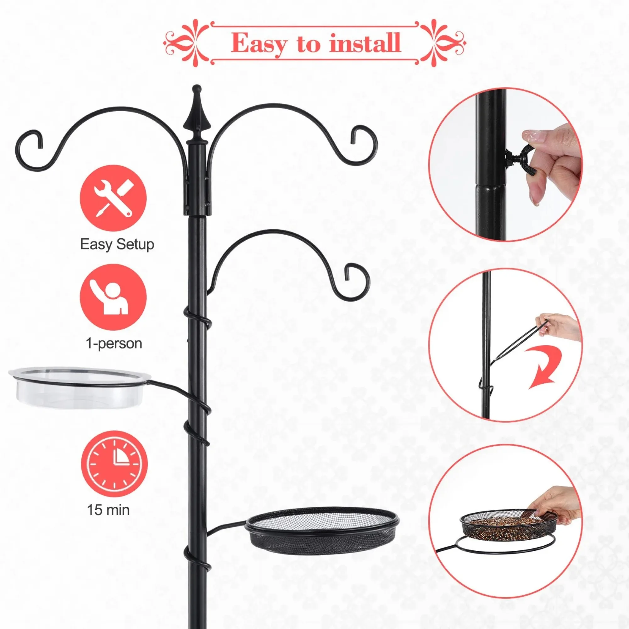 5プロングベース付きバードフィーダーポール、屋外吊り下げバードフィーダー用野生鳥フィーダースタンド - ブラック