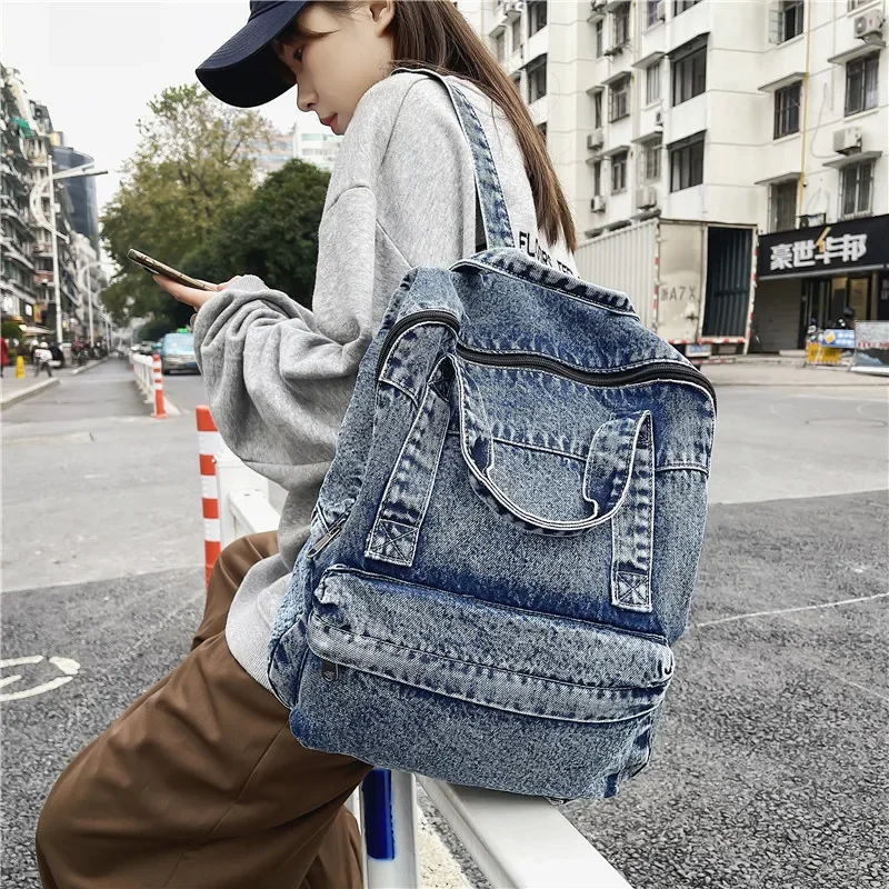 

Denim Backpack For Women And Men Casual Large Capacity Laptop Bagpack College Student School Bags Book Fashion Blue Travel bolsa