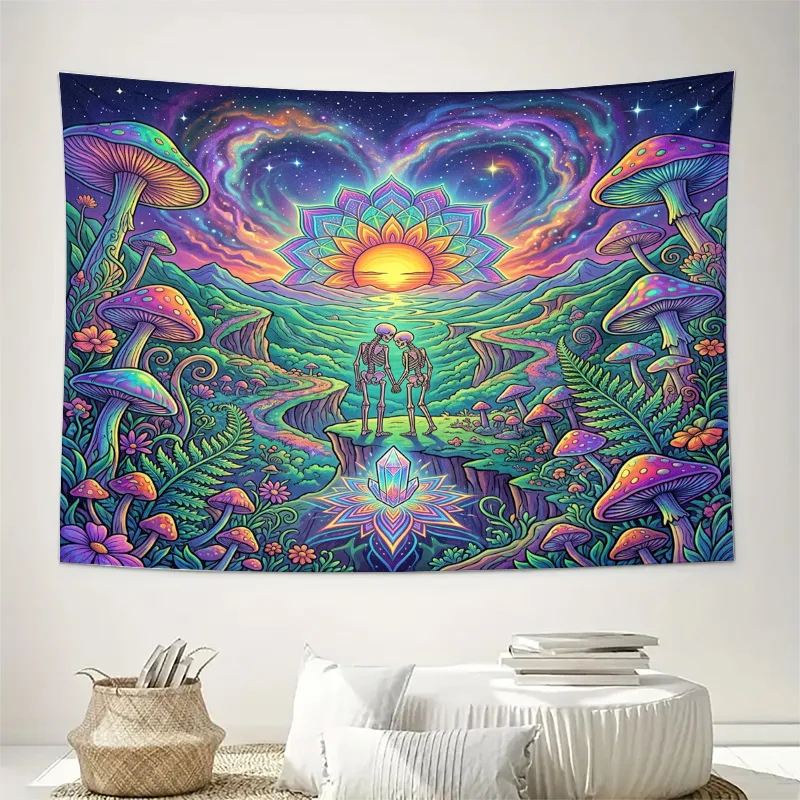 Vibrant Cosmic Mushroom Forest Psychedelic Tapestry Curtain Window Decor Boho Neon Galaxy Dreamy Wall Art Home Room Accent