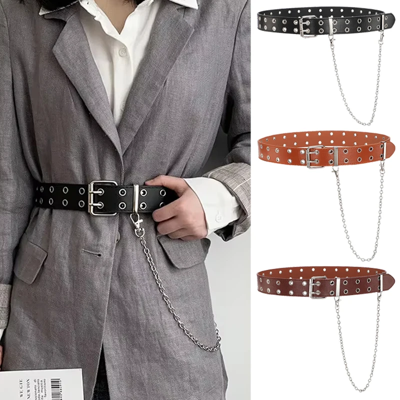 

Punk Chain Belts for Women Men Double Pin Buckle Leather Waistband Unisex Fashion Casual Y2K Hip Hop Dress Jeans Coat Waist Band