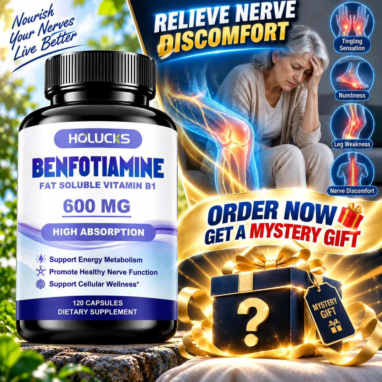 HOLUCKS Benfotiamine Capsules, 600mg, Support Energy Metabolism, Cellular Wellness, Promote Healthy Nerve Function