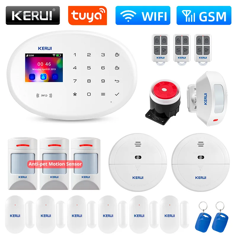 

KERUI W202 Alarm System WIFI GSM Home Appliance Security Protection Tuya Smart APP Support Alexa with Motion Detector RFID Card