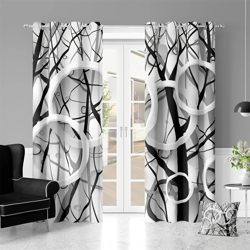 

Modern Black White Abstract Lines Curtains 2 Panels Geometric Pattern Window Drapes Living Room Bedroom Art Decor