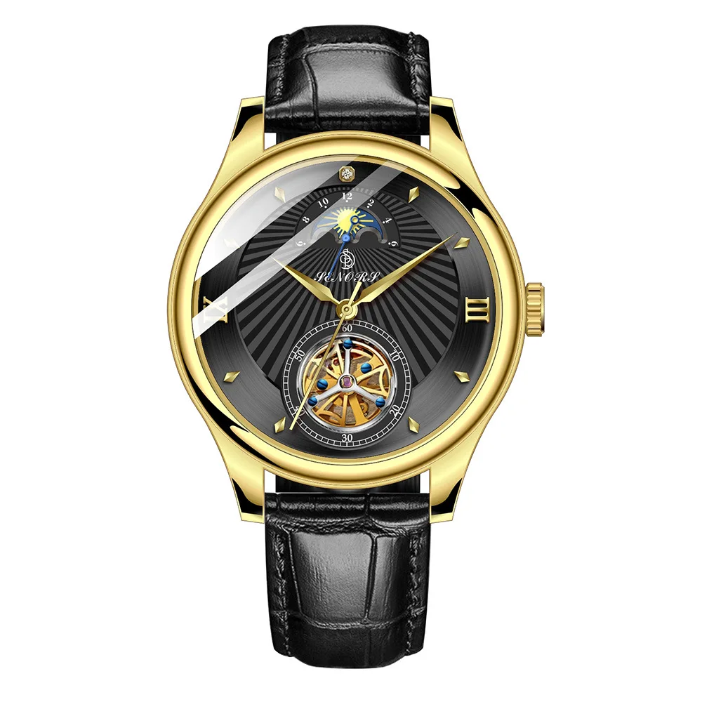 SENORS Sun, Moon, Stars Automatic Mechanical Watch Tourbillon Waterproof Leather Strap Men's Wristwatch SN169
