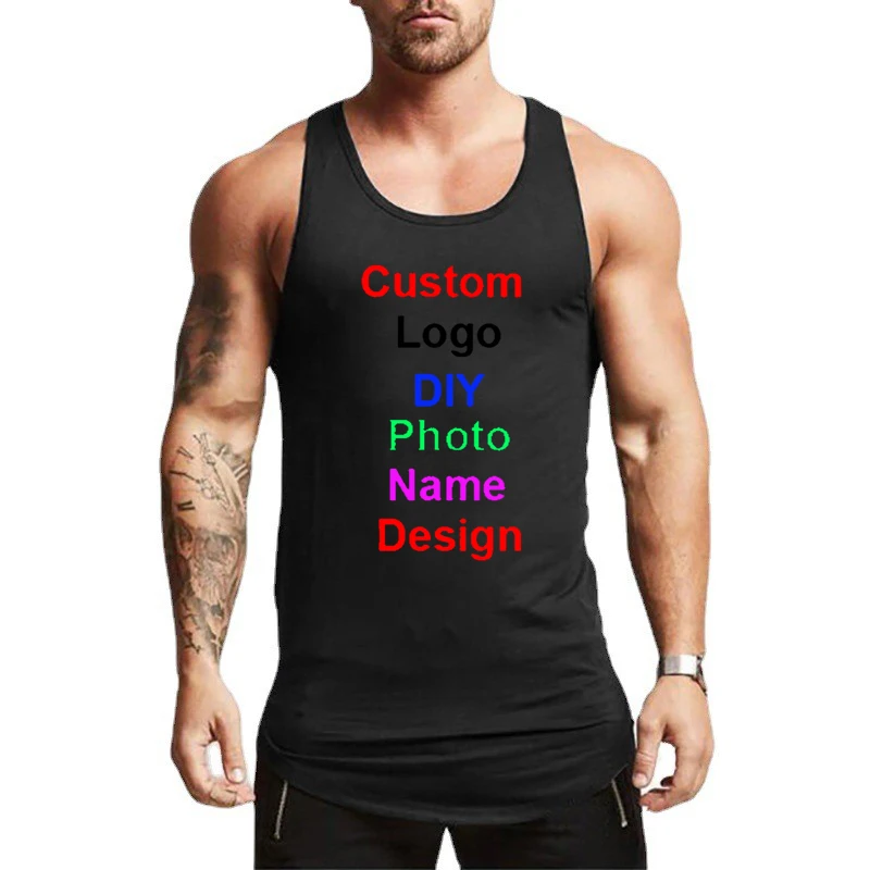 DIY Customized Your OWN Design Brand Logo Mens Cotton Gym Tank Top Bodybuilding Sleeveless Shirt Fitness Clothing