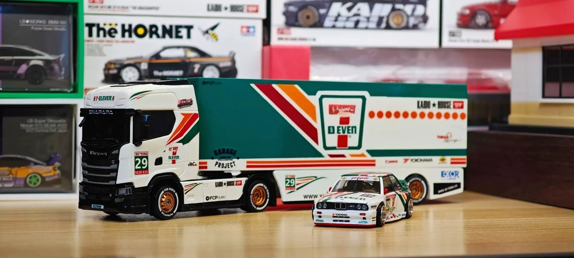1/64 Water Slide Decals for Wen NanFeng Scania 730S RC Container Truck Red/Green/Orange Stripes Livery Cab + Trailer Decal Set