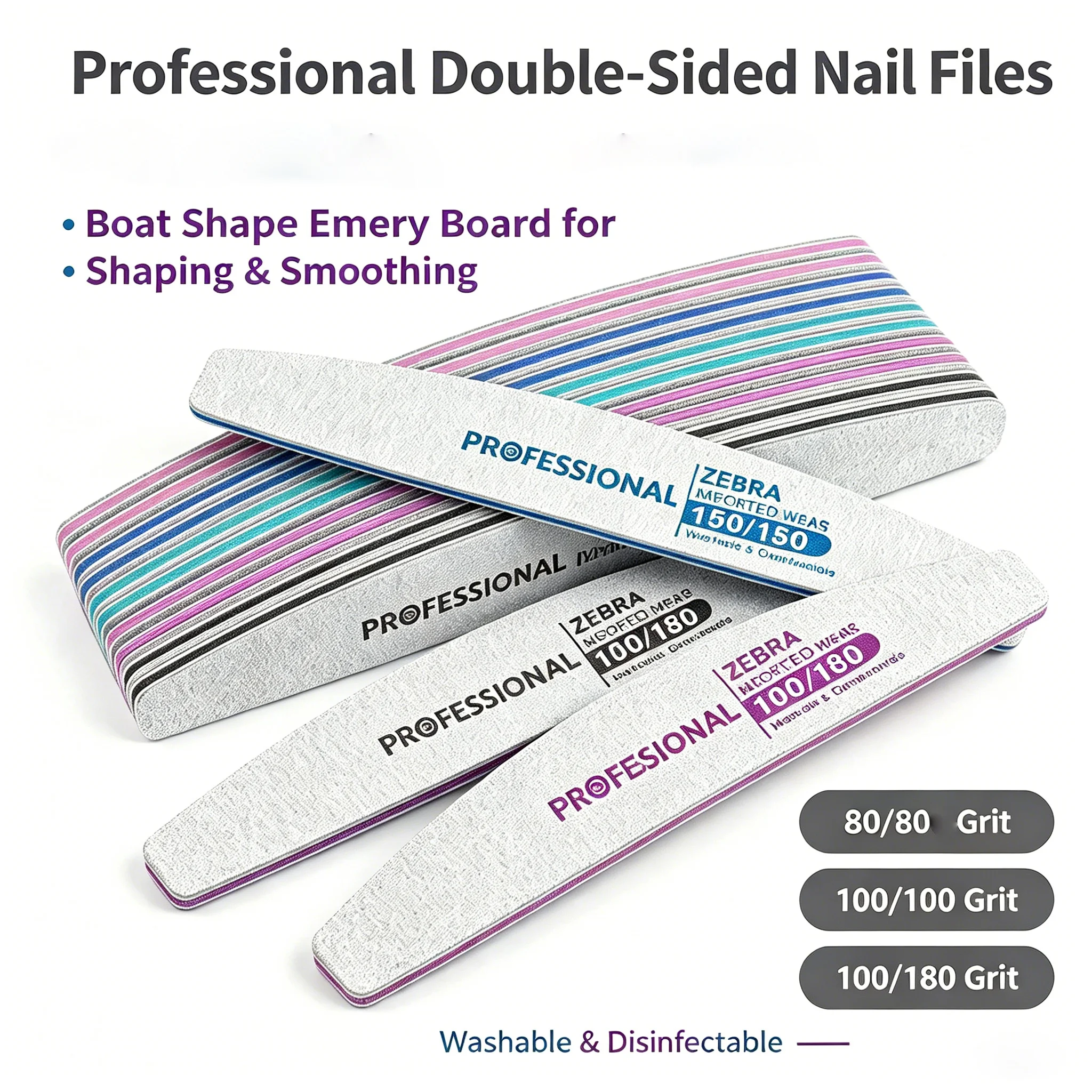 Zebra Nail Files 5/10 Pcs Double Sided 100-240 Grit Wear Resistant Washable Salon Acrylic Gel Manicure Pedicure Nail Art Shaper