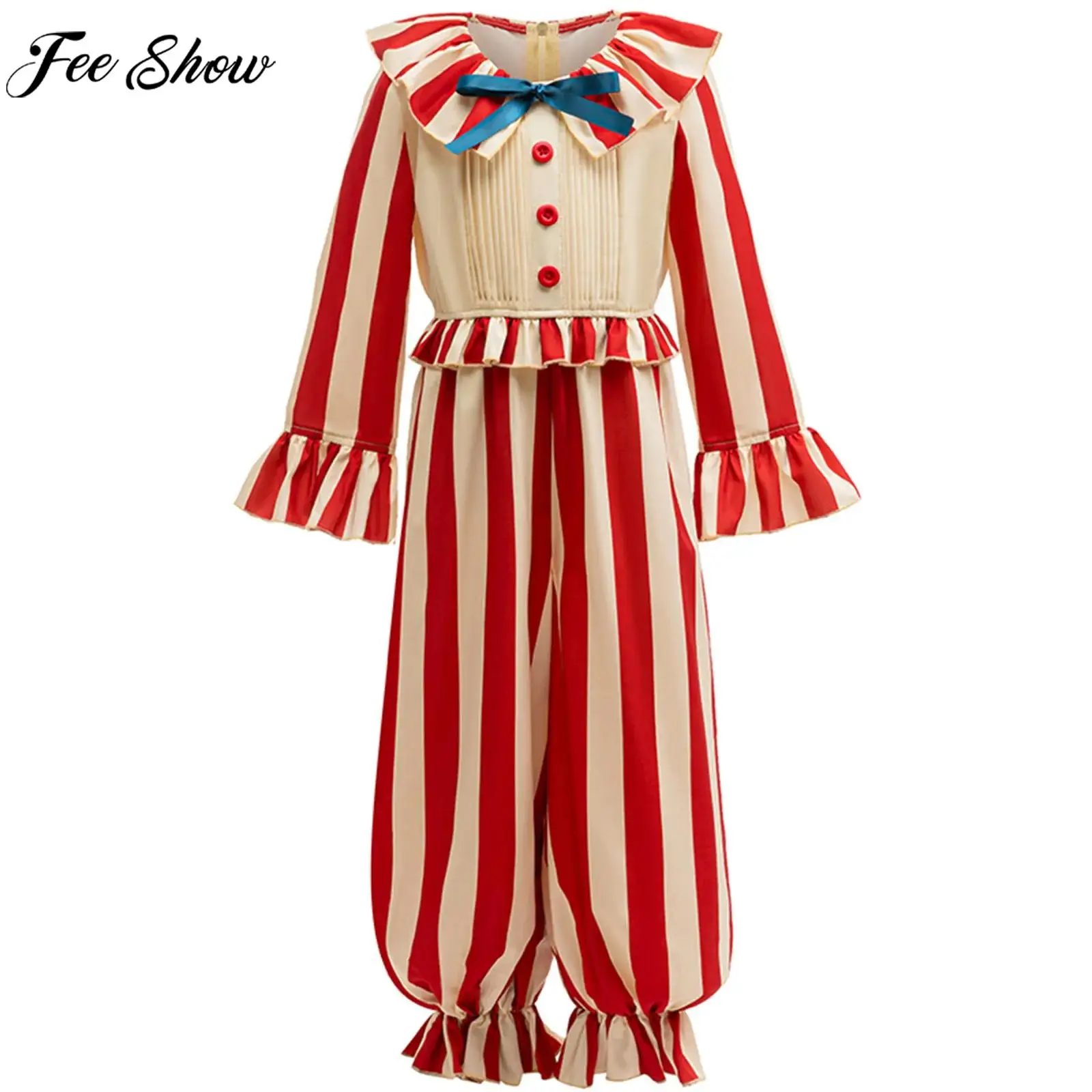 

Детский карнавальный костюм на Хэллоуин, цирковой ужас, клоун, карнавальный костюм для выступлений, расклешенные рукава, молния, полосатый комбинезон с рюшами и галстуком-бабочкой