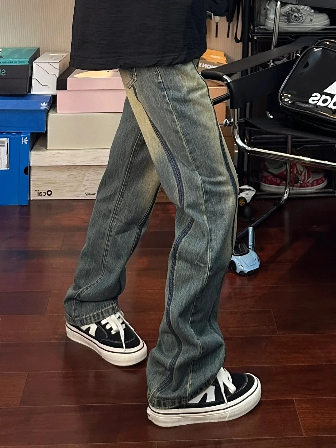 

Джинсы из сращенного денима в стиле ретро в американском стиле, мужские свободные прямые длинные брюки, молодежные повседневные летние джинсы с потертостями