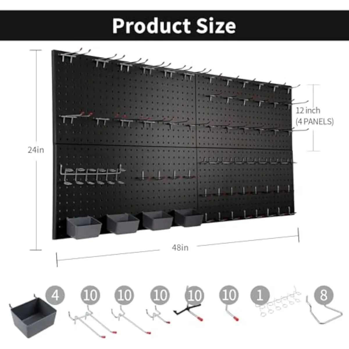 Metal Pegboard Wall System 48x24 Inch Black Alloy Steel Panel Set with 63-Piece Hook Kit Includes Bins Screwdriver Holder Heavy-