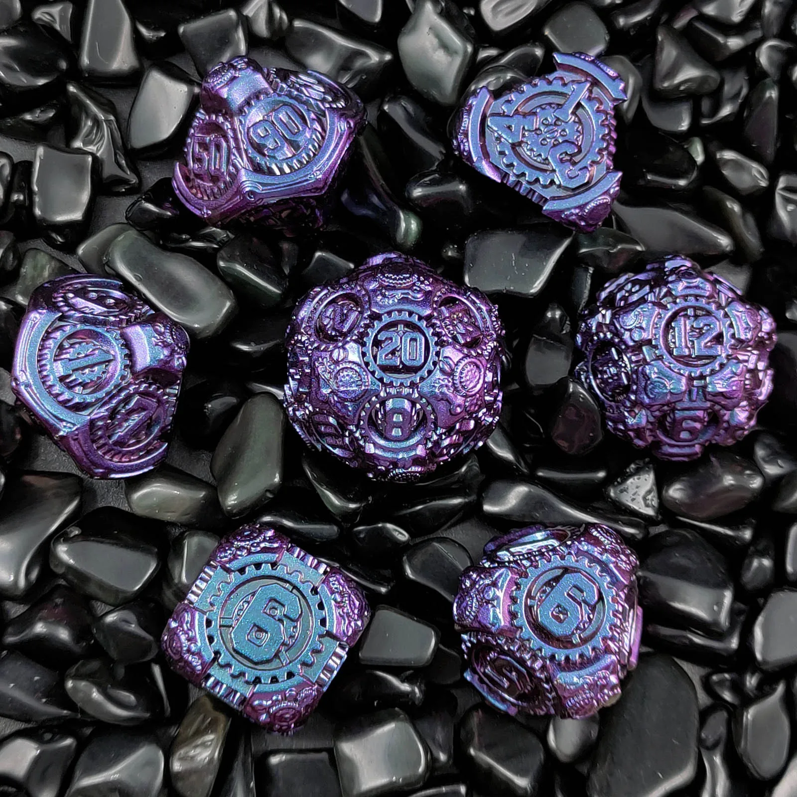 7Pcs Purple Blue DND Metal Dice Set Gear Dice D&D Board Game Dungeons Dragon TRPG D6~D20 Polyhedral Digital Dice Table Game